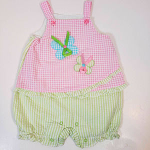Nursery Rhyme Gingham Seersucker One Piece Romper Sz 6-9M Butterfly